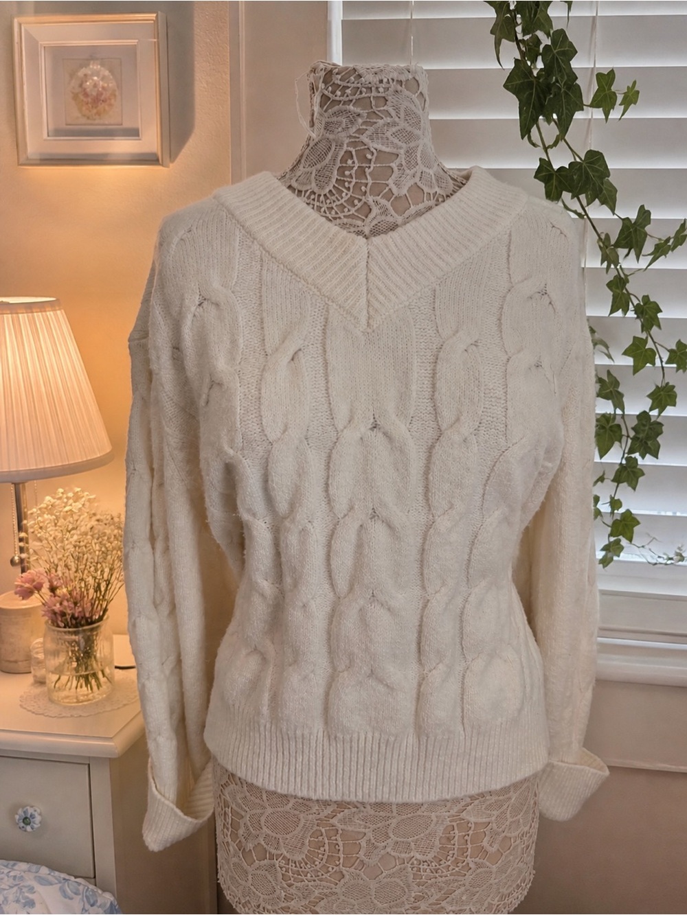 Cream Cable Knit V-Neck Sweater - Women's